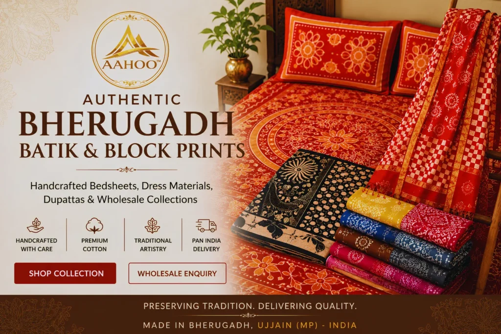 AAHOO Authentic Bherugadh Batik and Block Print Bedsheets, Dress Materials, Dupattas and Wholesale Collections from Ujjain MP India